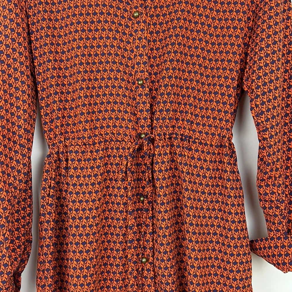 MAISON JULES button down shirt dress roll tab collared orange and navy M - Picture 10 of 13